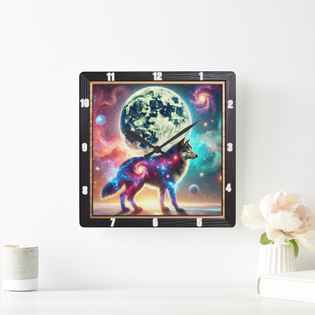 Cosmic Wolf with Galactic Elements and Moon Square Wall Clock (Home)