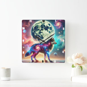 Cosmic Wolf with Galactic Elements and Moon Square Wall Clock