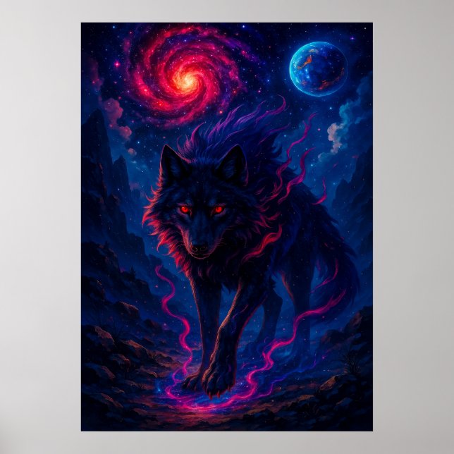 Cosmic Wolf with Galaxy Energy Fantasy  Poster (Front)