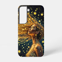 Cosmic woman with glowing starry golden hair