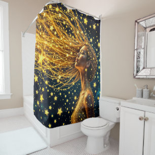 Cosmic woman with glowing starry golden hair shower curtain