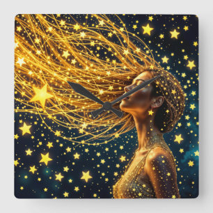Cosmic woman with glowing starry golden hair square wall clock
