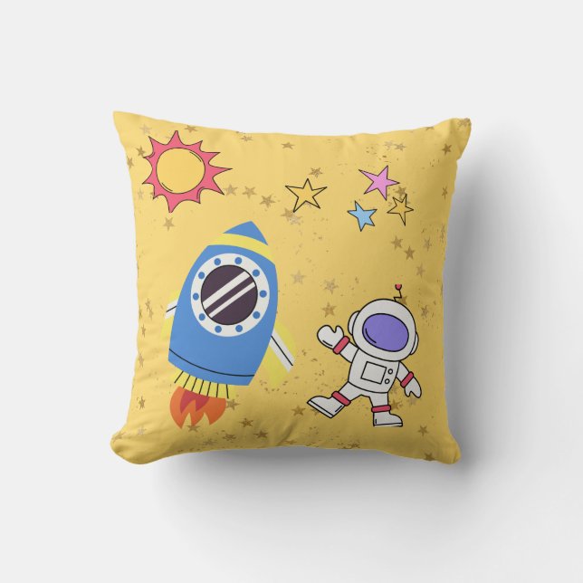Cosmic World Astronaut and Space Rocket Yellow Cushion (Front)