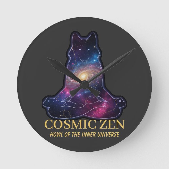 Cosmic Zen Wolf – Meditating Galaxy (NO NUMBERS) Round Clock (Front)