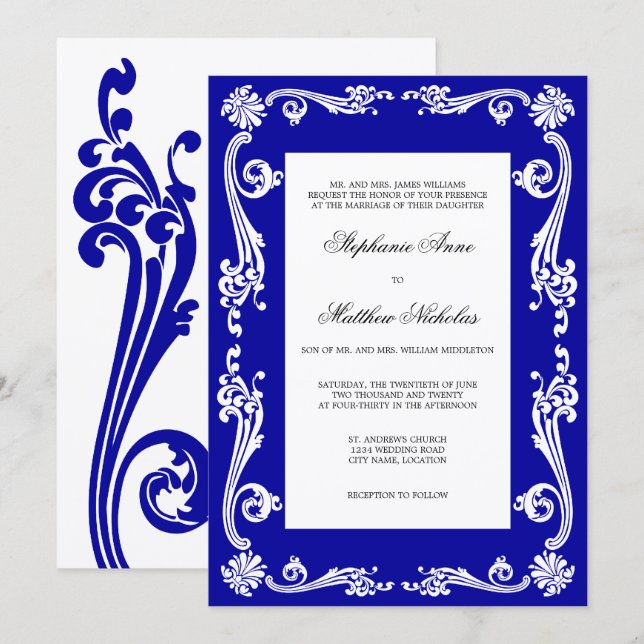 Cosmopolitan Royal Blue Flourish Swirls Wedding Invitation (Front/Back)