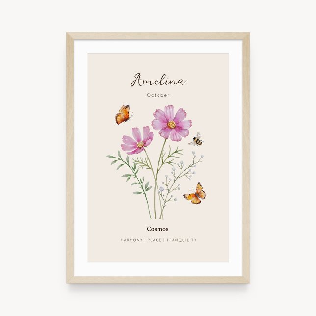 Cosmos Birth Month Flower Poster (Example of cosmos birth flower poster once framed. )