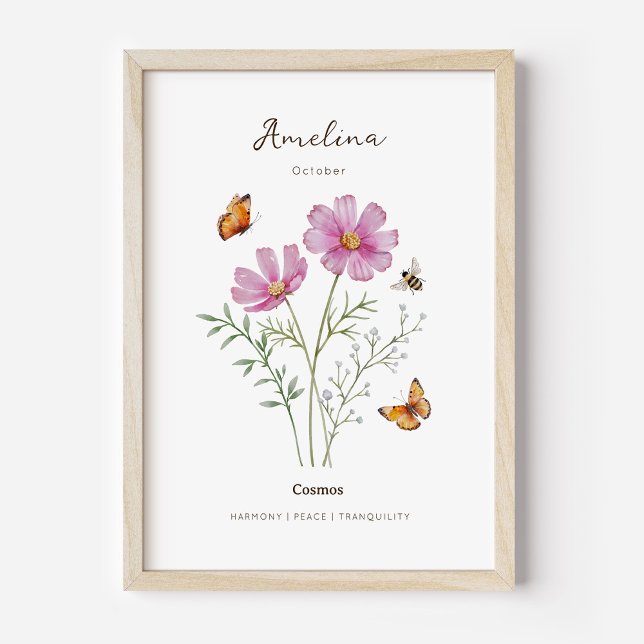 Cosmos Birth Month Flower Poster (Example of cosmos birth flower poster once framed. )