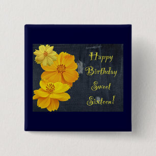 Cosmos Floral Birthday Sweet Sixteen 15 Cm Square Badge