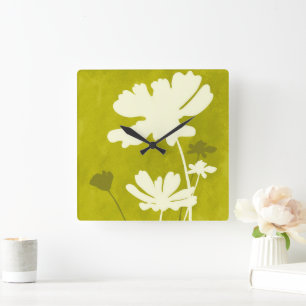 Cosmos Floral Silhouette Lime Green Summer Home Square Wall Clock