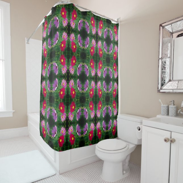 Cosmos Flower Trio Abstract Pattern Shower Curtain (In Situ)