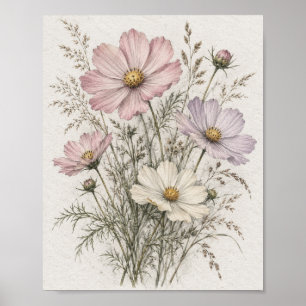 Cosmos Flowers And Meadow Grasses Graphite 16 Poster