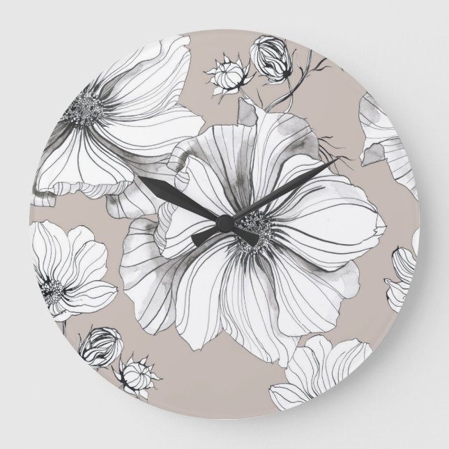 Cosmos Flowers: Botanical Drawing Pattern. Large Clock (Front)