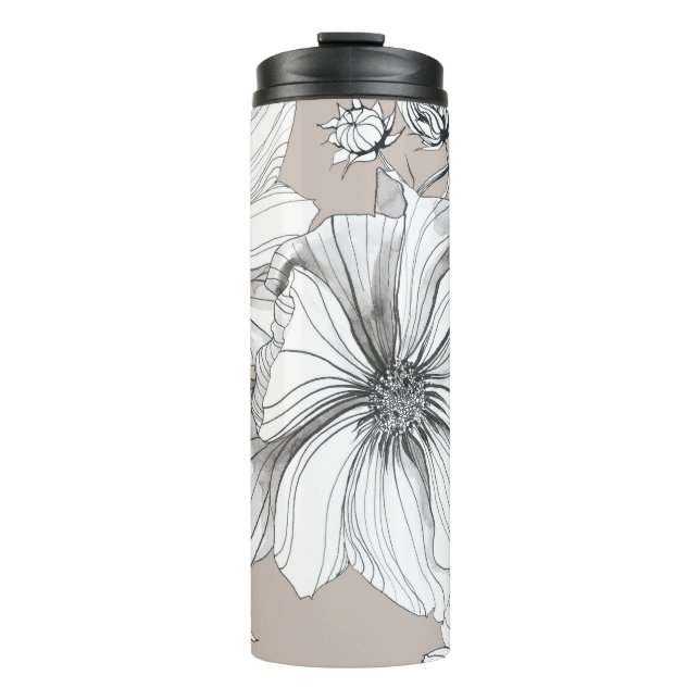 Cosmos Flowers: Botanical Drawing Pattern. Thermal Tumbler (Front)