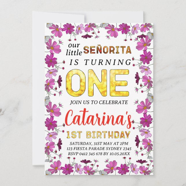 Cosmos Flowers Fiesta inspired 1st Birthday Invitation (Front)
