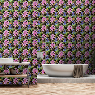 Cosmos Flowers Pink and Blue on Black Wallpaper