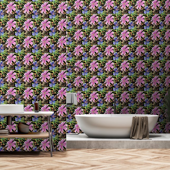 Cosmos Flowers Pink and Blue on Black Wallpaper (Bathroom)