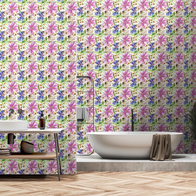 Cosmos Flowers Pink and Blue on White Wallpaper (Bathroom)