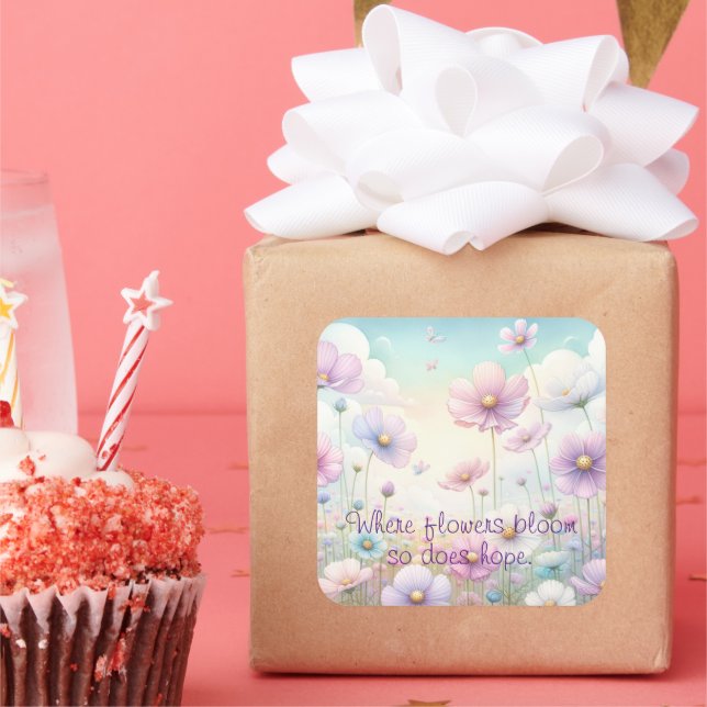 Cosmos Flowers & Quote Square Sticker (Party)