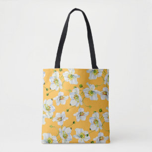 Cosmos flowers watercolor illustration pattern tote bag