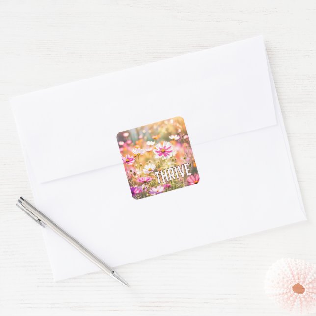Cosmos Garden With Text Square Sticker (Envelope)