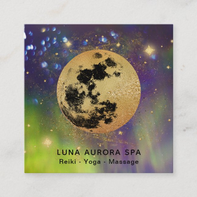 *~* Cosmos Gold Moon Aurora Glitter Stars Square Business Card (Front)