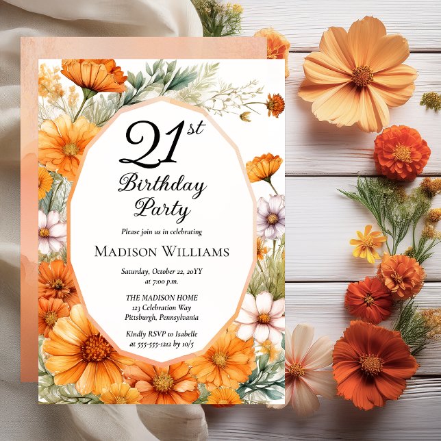 Cosmos | Marigolds Floral 21st Birthday Party Invitation (Beautiful Boho Cosmos and Marigolds Floral 21st Birthday Party Invitation - Print | Digital Download)