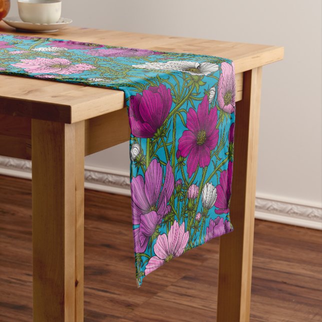 Cosmos mix on blue short table runner (In Situ)