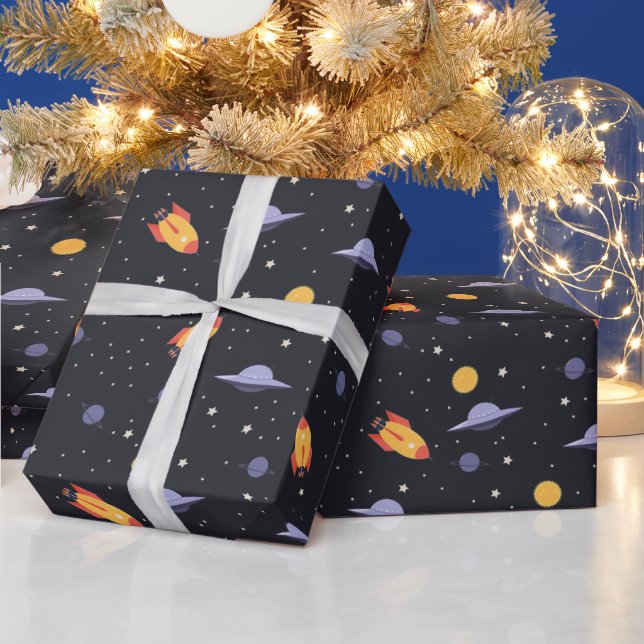 Cosmos Rockets Spaceships Ufos Planets Stars Wrapping Paper (Holidays)