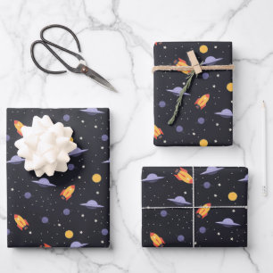 Cosmos Rockets Spaceships Ufos Planets Stars Wrapping Paper Sheet