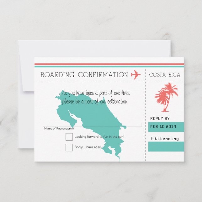Costa Rica Boarding Pass RSVP Coral and Mint (Front)
