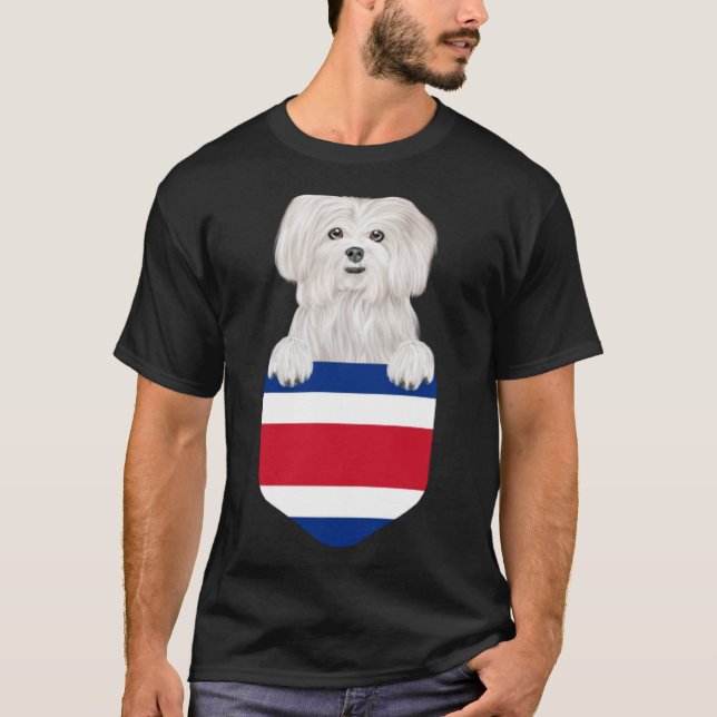 Costa Rica Flag Maltese Dog In Pocket T-Shirt (Front)