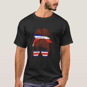 Costa Rica Flag Messy Hair Bun Girl Costa Rican Ro T-Shirt