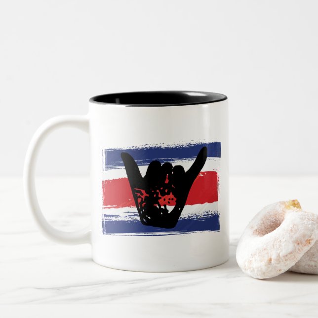 Costa Rica Flag Shaka Surfing Two-Tone Coffee Mug (With Donut)