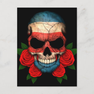 Costa Rica Flag Skull with Red Roses Postcard
