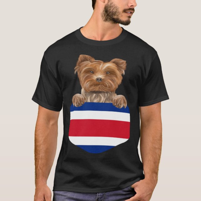 Costa Rica Flag Yorkshire Terrier Dog In Pocket T-Shirt (Front)