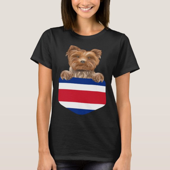 Costa Rica Flag Yorkshire Terrier Dog In Pocket T-Shirt (Front)