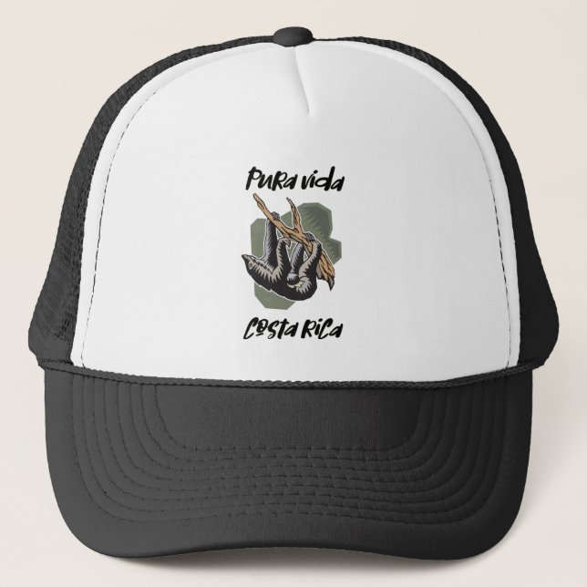 Costa Rica Hanging Sloth Pura Vida Souvenir Trucker Hat (Front)