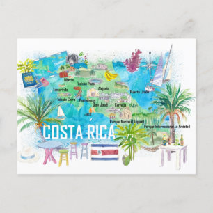 Costa Rica Illustrated Travel Map with Roads Postcard
