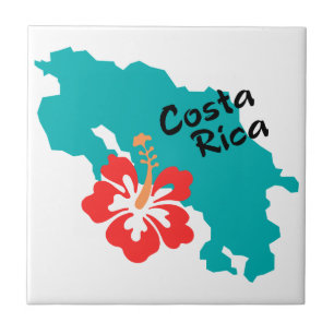Costa Rica map outline with hibiscus flower Ceramic Tile