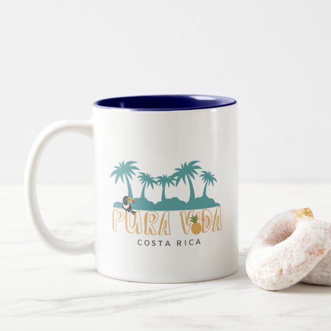 Costa Rica Pura Vida Toucan on the Beach Two-Tone Coffee Mug (With Donut)