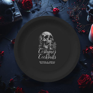Costume and Cocktails Black Skull Halloween Paper Plate