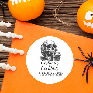 Costume and Cocktails Black Skull Halloween Party Classic Round Sticker