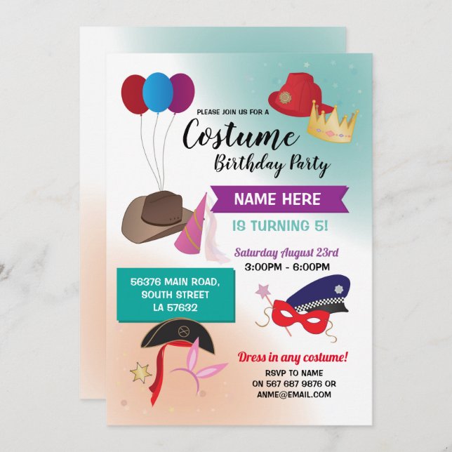 Costume Fancy Dress Birthday Party Invite (Front/Back)