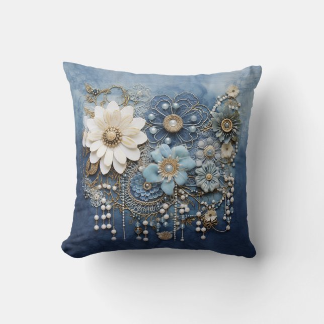 Costume jewellery on bue Denim Cushion (Front)