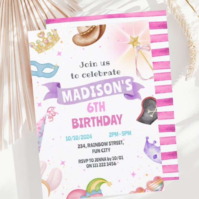 Costume Party Kids Pink Girl Birthday Invitation (Costume Party Kids Dress Up Birthday Invitation)
