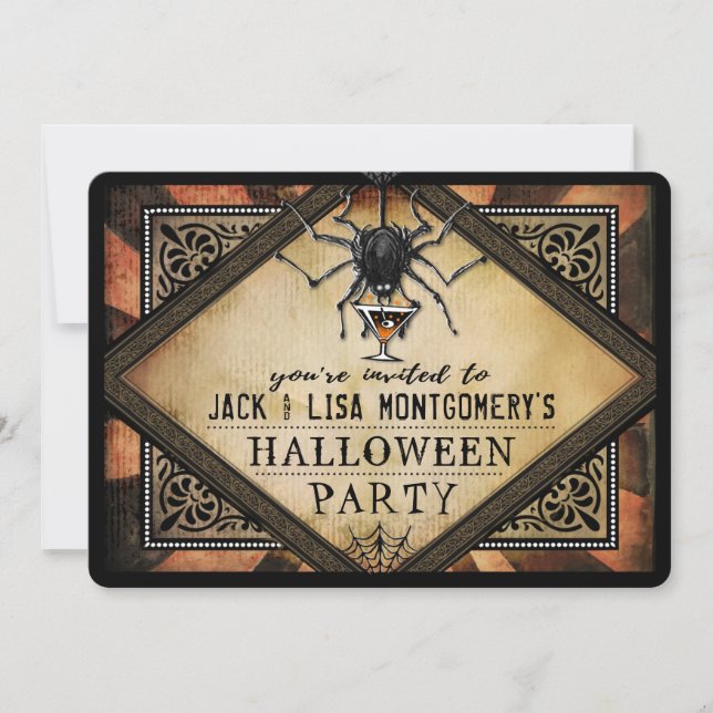 Costume Party Orange Black Spider Cocktail Invite (Front)