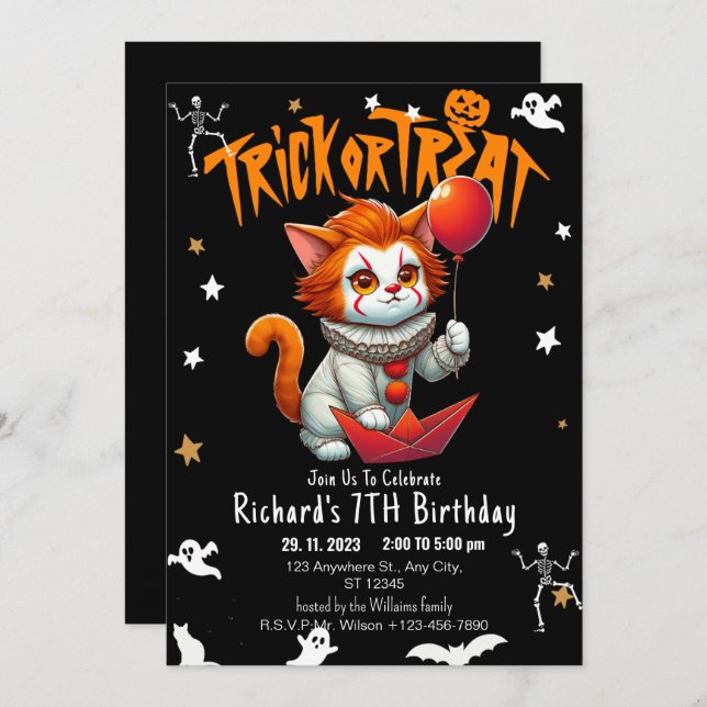 Costume Trick or Treat Halloween Cat  Birthday Par Invitation (Front/Back)