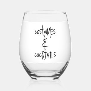 Costumes and Cocktails Halloween Party Black White Stemless Wine Glass