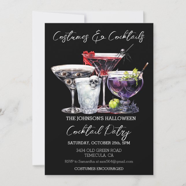Costumes & Cocktails Halloween Party Watercolor In Invitation (Front)