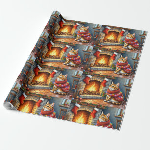 Cosy Abyssinian Cat by Fireplace Christmas Lights Wrapping Paper